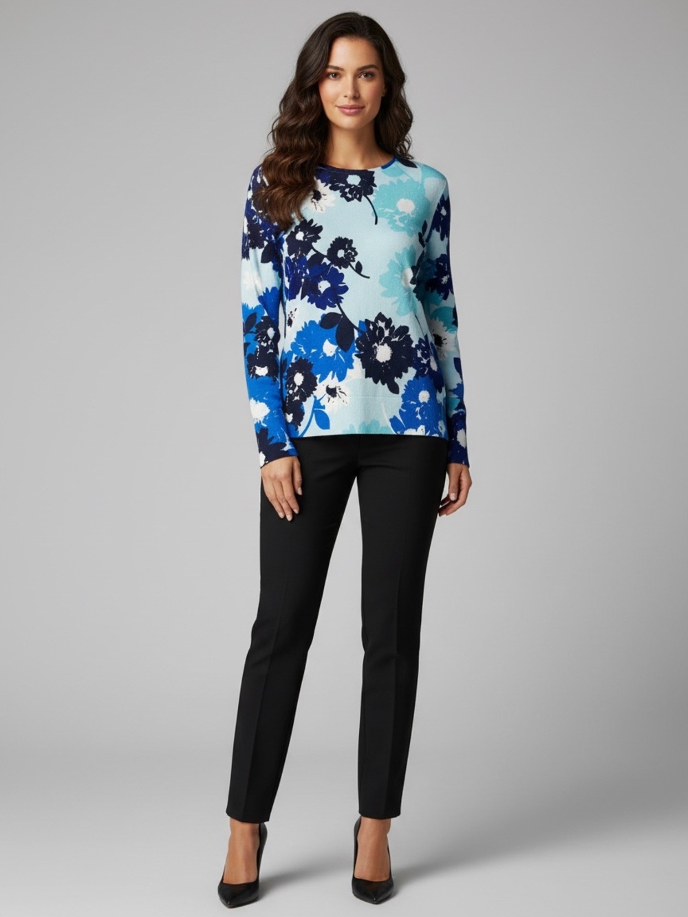 Talbots Blue Abstract Floral Puff Sleeve Sweater Lightweight Cotton Size XL - Picture 2 of 12